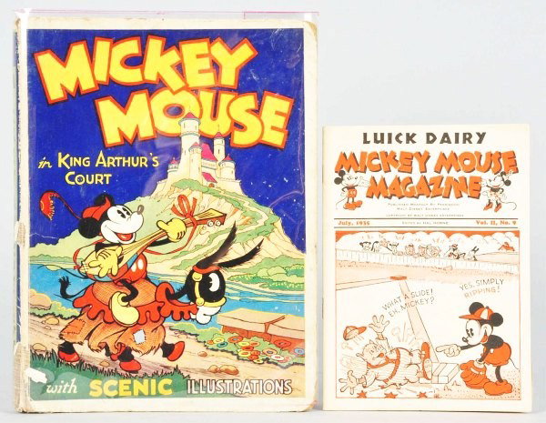 Lot of 2: Walt Disney Mickey Mouse Book & Booklet: Description Includes one "Lucky Dairy Mickey Mouse Magazine" advertising Luick Milk with paper acrobat inside that has been cut-out and is missing. Also includes an English version of "Mickey Mouse in