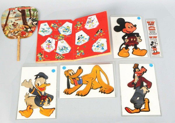 Lot of 7: Disney Character Items.: Description Includes Silly Symphony fan, Donald Duck hanky set of seven, four fuzzy character cutouts, and one wrapper from a loaf of bread. Very little wear overall. Condition (Excellent). Size Large
