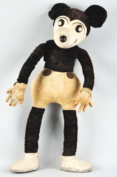 Walt Disney Mickey Mouse Deans Rag Doll.: Description Very large size variation with buttons on eyes and five-fingered hands. Well worn, missing fur, and some soiling. Store display from England. Condition (Good - Very Good). Size 36" T. Dime