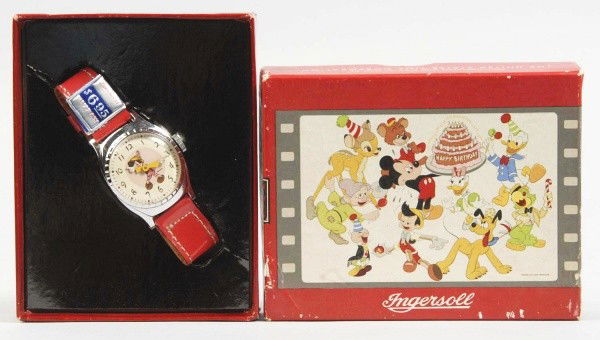 Ingersoll Disney Pinocchio Wrist Watch.: Description Circa 1948. Working. Original "6.95" price tag still attached to vinyl band. Includes original "Happy Birthday" box marked "US Time" on side, box insert, and guarantee. Condition (Excellen