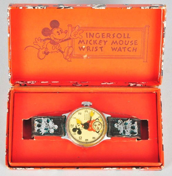 Ingersoll Disney Mickey Mouse Wrist Watch.: Description Working sporadically. Leather band with embossed Mickeys. Includes original box, insert, and guarantee. Condition (Very Good). Dimensions: