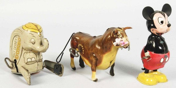 Lot of 3: Tin Litho Linemar & Marx Disney Toys.: Description American and Japanese. Working. Includes Mickey Mouse Whirltail with original ears and tail, Marx Dumbo that jumps but not all-the-way around, and Ferdinand the Bull with spinning tail. Co