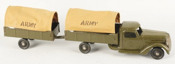 Pressed Steel Buddy L Army Transport Truck.: Description American. Circa 1940. Original condition showing play wear. Replacement canvas on truck and trailer. Missing one headlight tab on cab. Condition (Very Good). Size 33 - 1/2" L. Dimensions:3