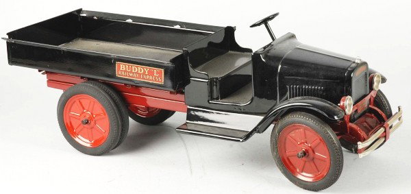 Pressed Steel Buddy L Screen Side Railway Express: Description American. Circa 1930. Open front cab, screen side delivery body with two rear doors, rubber tire version, nickel plated bumper, headlights, and license plate bar. Complete restoration with