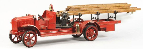Pressed Steel Kelmet White Big Boy Fire Truck.: Description American. Early iron spoked wheels with rubber tires. Nice "Big Boy" decals on fenders. Original wooden ladders. Silver side tank pieces appear to have been replaced and paint looks to be