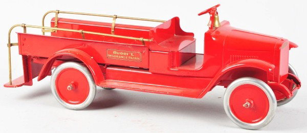 Pressed Steel Buddy L Insurance Patrol Truck.: Description American. Circa 1925. Open front cab with brass bell on cowl, rear service body with rear step and brass handrails. Complete professional restoration. Condition (Restored). Size 25" L. Dim