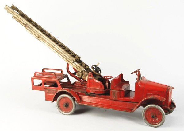 Pressed Steel Buddy L Aerial Fire Ladder Truck.: Description American. Original bell. Original "Buddy L Aerial Truck" decals on rear and "CFD" and "Buddy L Quality Toys" decals on front. Decals have some fading and chipping. Some paint loss and wear