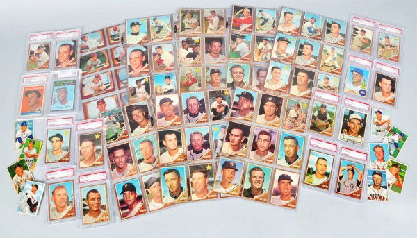 Large Group Lot of Topps Baseball Cards.: Description Includes large lot of 1962 Topps, 1971 Hank Aaron, and a group of 1951 Bowman cards. Size Largest: 3 - 1/2" x 2 - 1/2". Dimensions:Largest: 3 - 1/2" x 2 - 1/2". CORRECTION - Moose Skowron