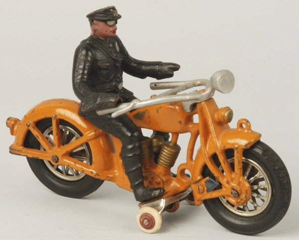 Cast Iron Hubley Motorcycle Toy.: Description All original orange paint. Demountable policeman rider and black rubber tires over metal spoke wheels. Unusual 98% complete Hubley decal on gas tank. Produced after Hubley stopped using th