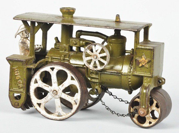 Cast Iron Hubley Road Roller Toy.: Description Circa 1930s. Painted in green overall. Well detailed molding. Embossed lettering on sides. Flattering large nickel wheels, front roller and standing driver. Condition (Excellent Plus). Siz