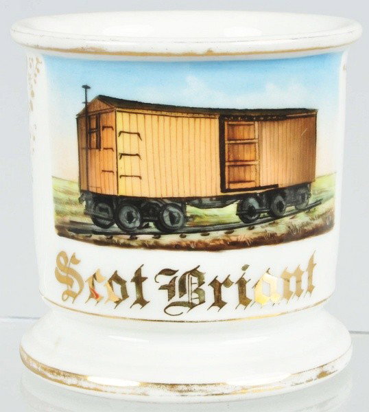 Train Boxcar Shaving Mug.: Description Nice image of tan boxcar. Condition (Excellent). Size 3 - 1/2" T. Dimensions:3 - 1/2" T.