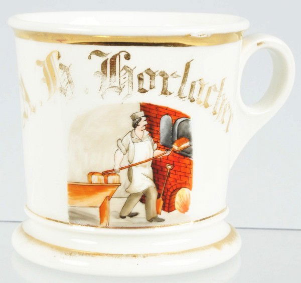 Bread Maker's Shaving Mug.: Description Nice image of man loading a loaf of bread into oven. Condition (Excellent). Size 4" T. Dimensions:4" T.