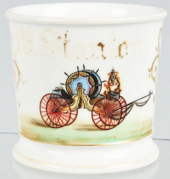Fire Pumper Hose Cart & Reel Shaving Mug.: Description Nice early mug. Condition (Excellent). Size 3 - 1/2" T. Dimensions:3 - 1/2" T.