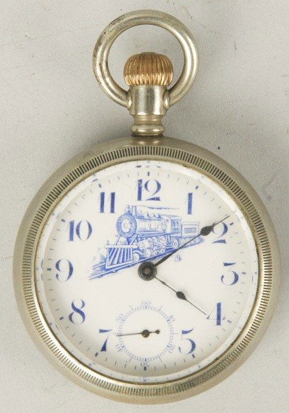 Pocket Watch with Steam Engine & Tender Motif.: Description Works well. No. 5295871. Open blue face dial, stem-wind, and screw back. Condition (Excellent). Size 2 - 1/4" Dia. Dimensions:2 - 1/4" Dia.