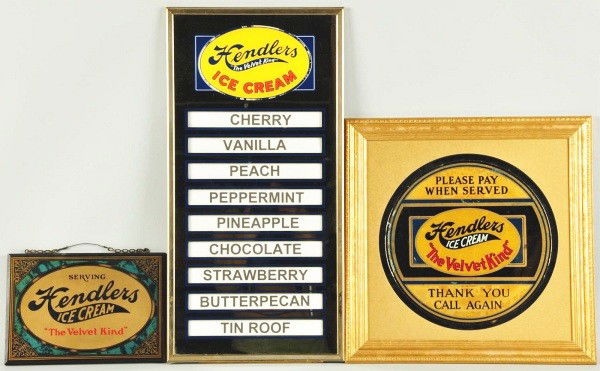 Lot of 3: Hendlers Ice Cream Display Pieces.: Description Includes one display board with flavors, one glass framed sign, and one reverse on glass framed round sign. Condition (Excellent - Excellent Plus). Size Largest Framed: 24" x 12". Dimensio