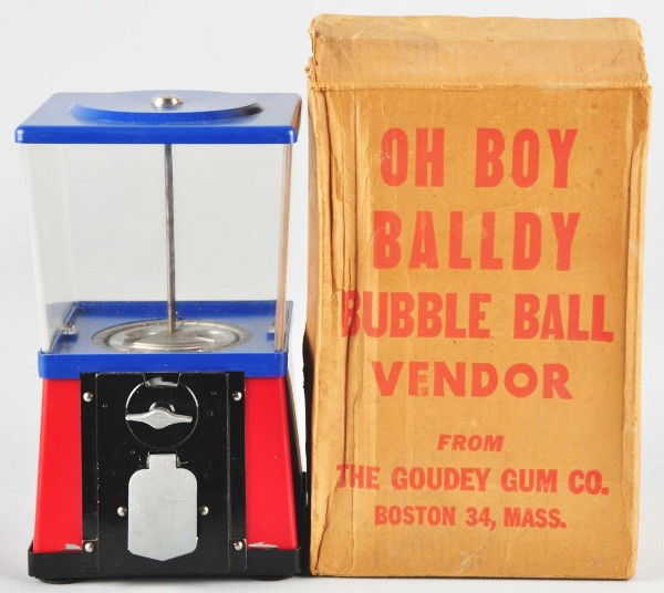 Oh Boy Balldy Bubble Ball Vendor Gum Machine.: Description Made by the Goudey Gum Company. Includes original box. Condition (Near Mint). Size 15" T. Dimensions:15" T.