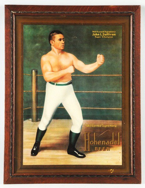 Tin Hohenadel Beer Advertising Sign.: Description Original frame. Features a nice depiction of the boxer John L. Sullivan. Condition (Near Mint). Size 26" x 19 - 3/4". Dimensions:26" x 19 - 3/4".