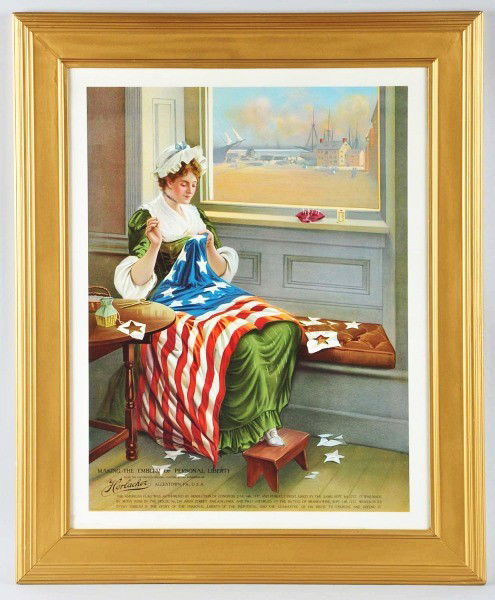 Framed Horlacher Beer Advertising Piece.: Description Allentown, PA. Professionally framed under glass. Depicts Betsy Ross sewing a star for the American Flag while sitting at window with a view of the Boston Harbor. Condition (Excellent). Si