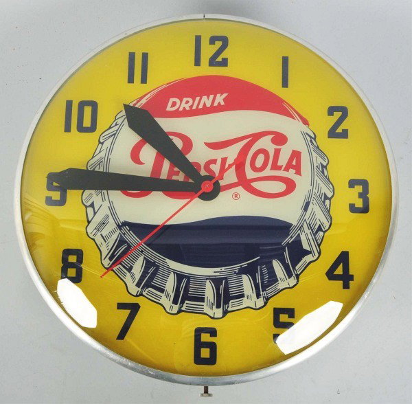 Pepsi-Cola Bottle Cap Light-Up Clock.: Description Working. Condition (Near Mint). 15" Dia. Dimensions:15" Dia.