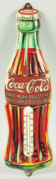 1931 Embossed Tin Coca-Cola Bottle Thermometer.: Description Slightly darkened. Some general overall spotting, crazing, light surface scratching and medium wear. Condition (Very Good). Size 16" T Dimensions:16" T