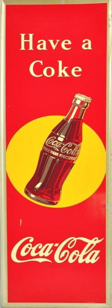1948 Tin Coca-Cola Sign with Bottle.: Description Bright, unfaded colors with one small paint drip. A few edge scratches, marks and paint chips. Condition (Excellent). Size 53 - 3/4" x 18". Dimensions:53 - 3/4" x 18".