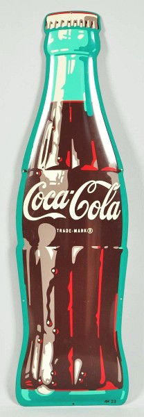 1953 Tin Coca-Cola Bottle Cut-Out.: Description Displays wonderfully. A few short, stronger scratches, and minor marks or wear. Condition (Excellent Plus). Size 36" T. Dimensions:36" T.