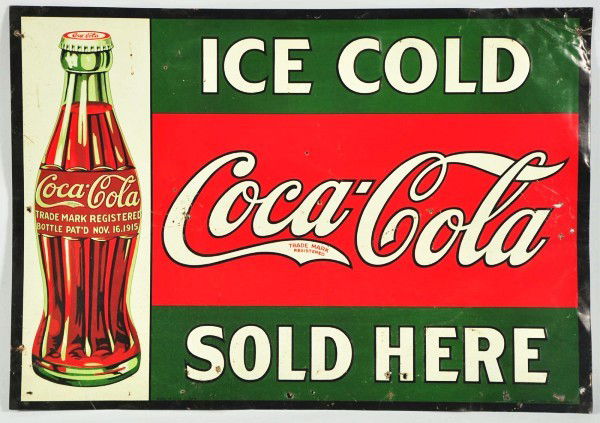 1927 Embossed Tin Coca-Cola Sign.: Description Features a 1915 bottle in nice bright colors. Some random tack holes, medium to strong bends and crimps. Minor marks and light wear. Condition (Good - Very Good). Size 27 - 1/2" x 19 - 1/4
