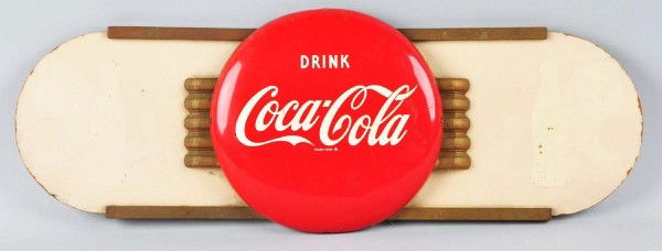 1950s Coca-Cola Button with Masonite Wings.: Description Wings are missing old Sprite boy and bottle decals. General overall wear, marks, dents and soiling. Condition (Good - Very Good). Size 32 - 3/4" L. Dimensions:32 - 3/4" L.
