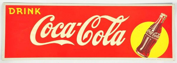 1946 Tin Coca-Cola Sign with Bottle.: Description Some slight darkening, some minor crimping, spots and stains. Light wear. Condition (Very Good). Size 11 - 1/4" x 33 - 3/4". Dimensions:11 - 1/4" x 33 - 3/4".