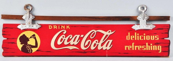 1939 - 40s Wood, Metal & Masonite Coca-Cola Sign.: Description Made by Kay Displays. Slightly warped on masonite side, with some edge wear. General overall crazing but still displays very well. Minor marks and light soiling. Condition (Very Good Plus)