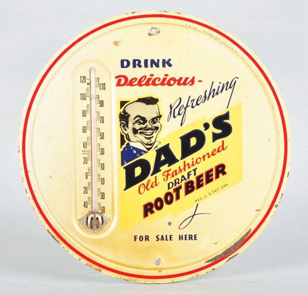 1950s Dad's Root Beer Thermometer.: Description Has some stains and discoloration. Paint chips around perimeter. Light wear and medium soiling. Condition (Very Good). Size 9" Dia. Dimensions:9" Dia.