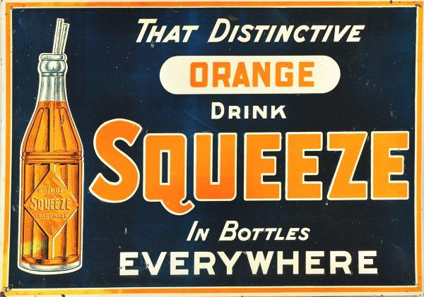 Embossed Tin Orange Squeeze Sign.: Description Circa 1920s to 1930s. Has a few minor spots and faint stains with a couple minor scratches, paint chips and nicks. Some light edge wear and chipping. Condition (Very Good - Excellent). Siz