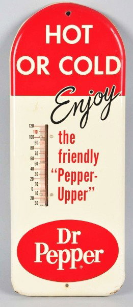 1950s Tin Dr. Pepper Thermometer.: Description Has some minor edge bends, light edge wear and minimal surface wear. Condition (Excellent). Size 16 - 1/4" T. Dimensions:16 - 1/4" T.