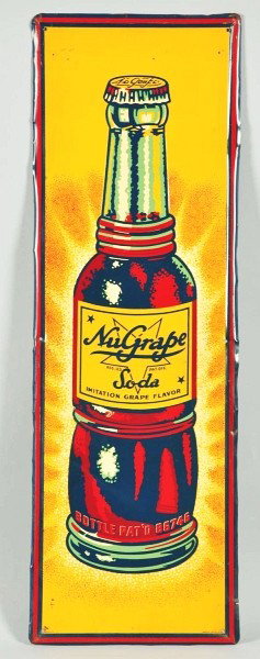 1930s - 1940s Embossed Tin NuGrape Soda Sign.: Description Great color, design and bottle graphics. Some general overall shallow bends dents and crimps. A few extra nail holes near the top and bottom borders, as well as on the borders. Also some l