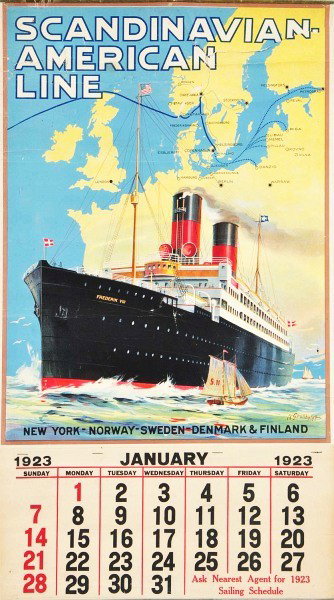 1923 Scandinavian-American Line Calendar.: Description Unused with metal strips, great graphics, color and image. Has some wrinkling and closed tears at top, fold marks, and some discoloration. Condition (Very Good). Size 26 - 1/2" x 15". Dime