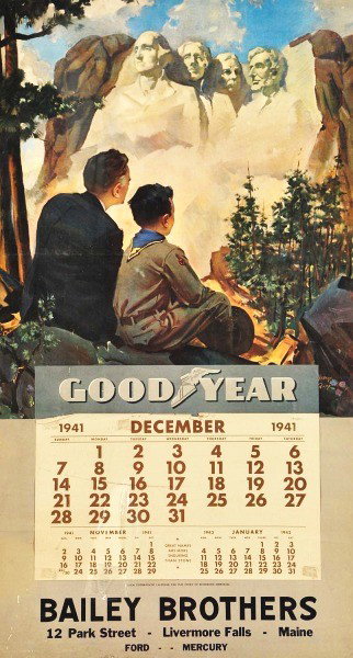 1941 Goodyear Calendar.: Description Nice patriotic artwork by George Roll. Some very light wear, minor marks and light soiling. Condition (Very Good Plus). Size 38" x 20 - 1/2". Dimensions:38" x 20 - 1/2".