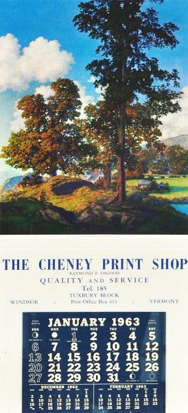 1963 Cheney Print Shop Calendar.: Description Matted and framed under glass. Features a Maxfield Parrish scene for the graphic top. Miniscule soiling and minor edge wear. Condition (Excellent - Near Mint). Size Framed: 38 - 3/4" x 21