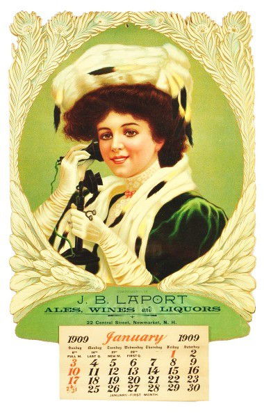 1909 Laport Wines and Liquors Calendar.: Description Framed under glass. Heavily embossed and enameled cardboard. Great graphics with lady on the phone. Full pad with little to no wear noted. Condition (Near Mint Plus). Size Framed: 23 - 1/2