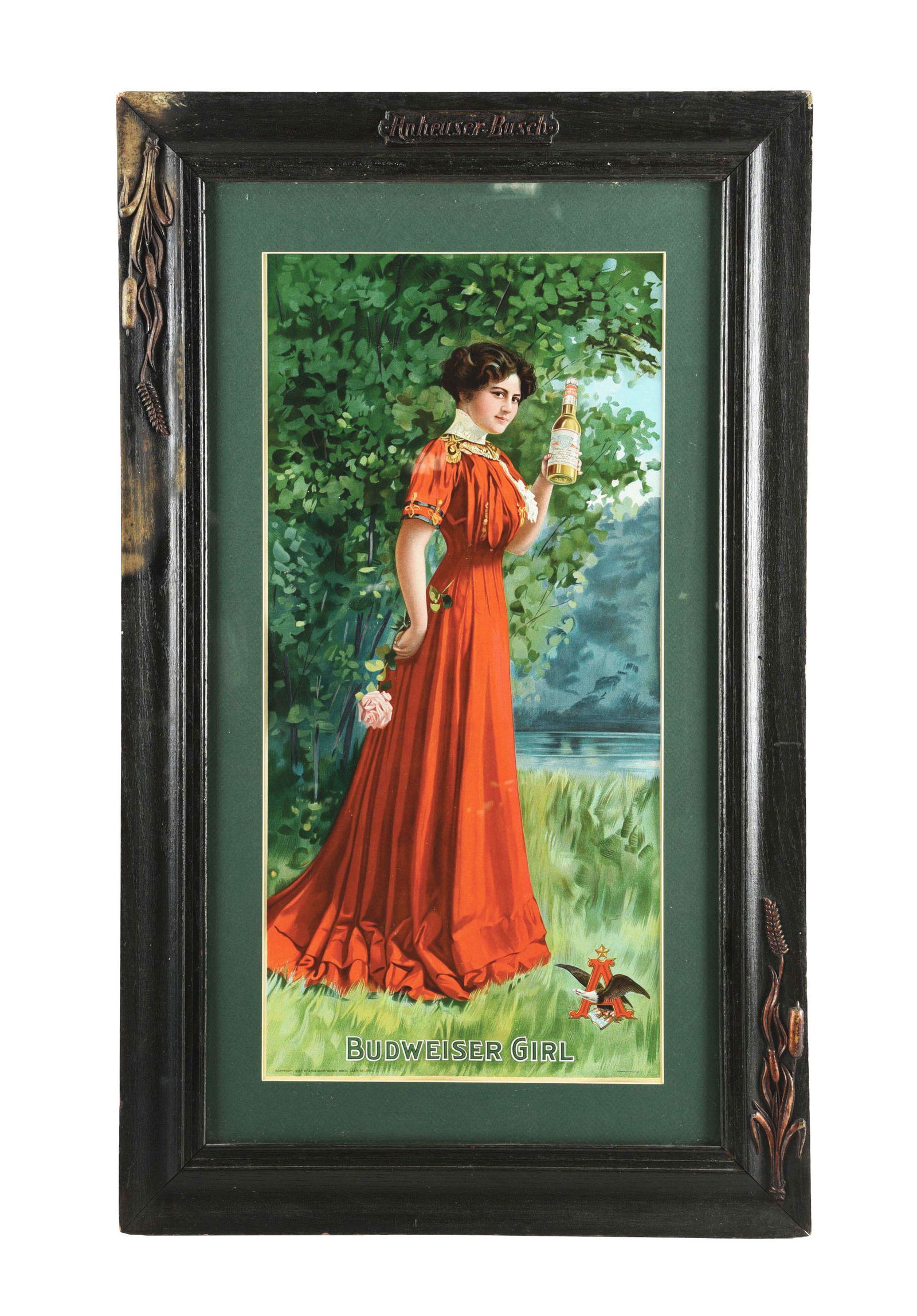 FRAMED AND MATTED BUDWEISER GIRL PAPER LITHO. (1 of 4)