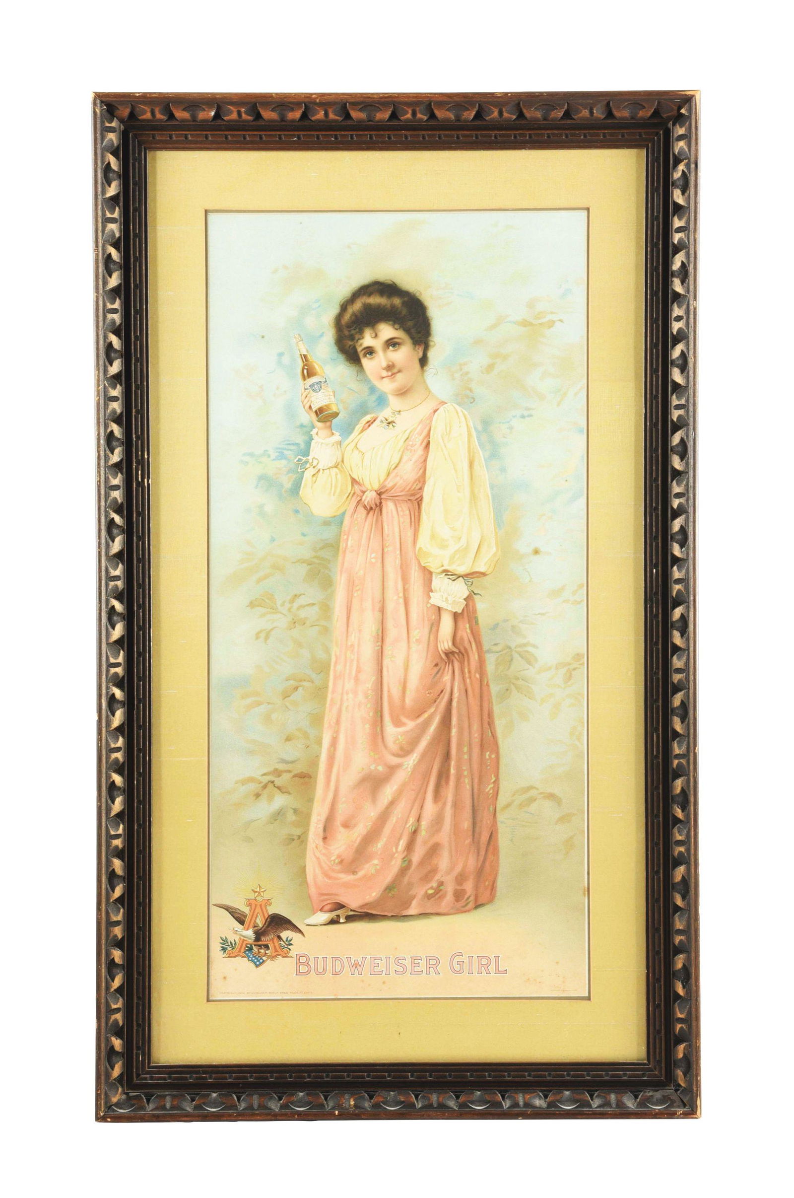 FRAMED AND MATTED PAPER LITHOGRAPH OF THE BUDWEISER GIRL. (1 of 4)