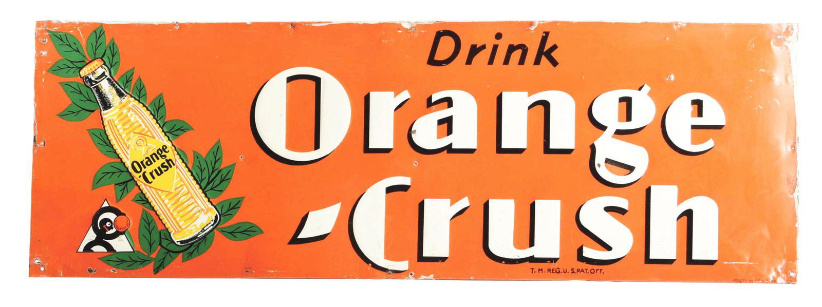 EMBOSSED TIN ORANGE-CRUSH HORIZONTAL BOTTLE SIGN. (1 of 2)