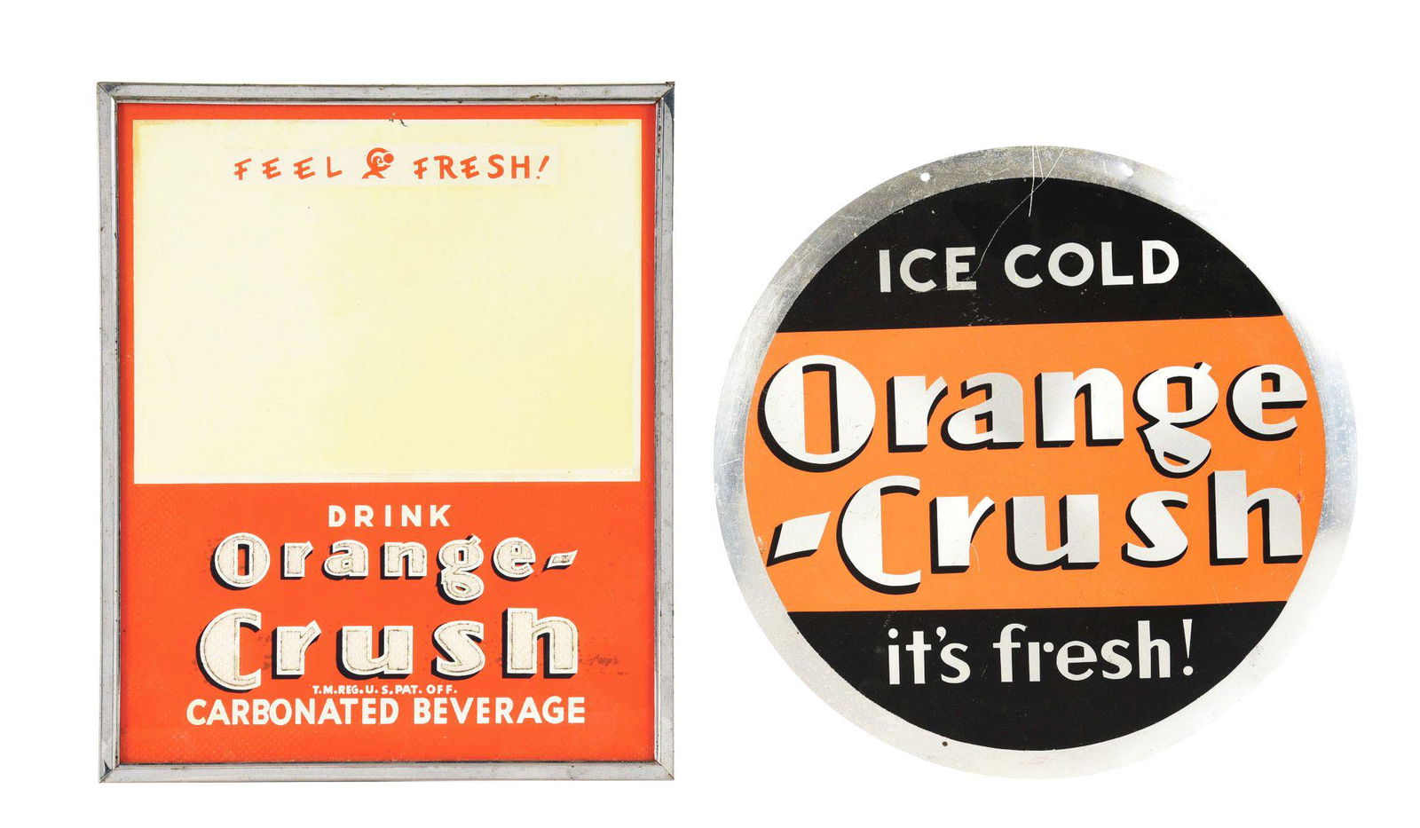 LOT OF 2: MISCELLANEOUS ORANGE-CRUSH SIGNS. (1 of 2)