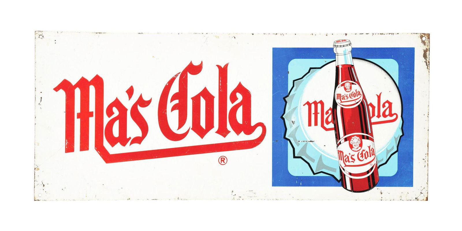 EMBOSSED TIN MA'S COLA SIGN.: This sign has an amazing bottle graphic and cap, with great vivid colors and excellent graphics. There is significant edge wear, some scratches to the face and areas of crazing to the paint. Condition
