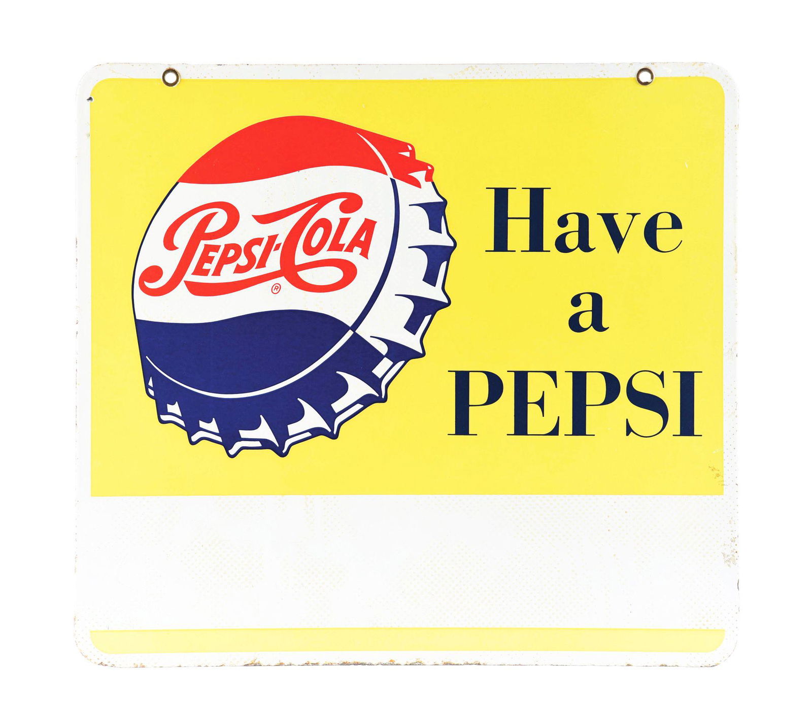 DOUBLE-SIDED PORCELAIN PEPSI-COLA SIGN.: This sign has strong color and gloss, reading "Have a Pepsi" with a blank privilege panel. It has a great bottlecap logo on either side and retains both original grommets. There are small dot imperfec