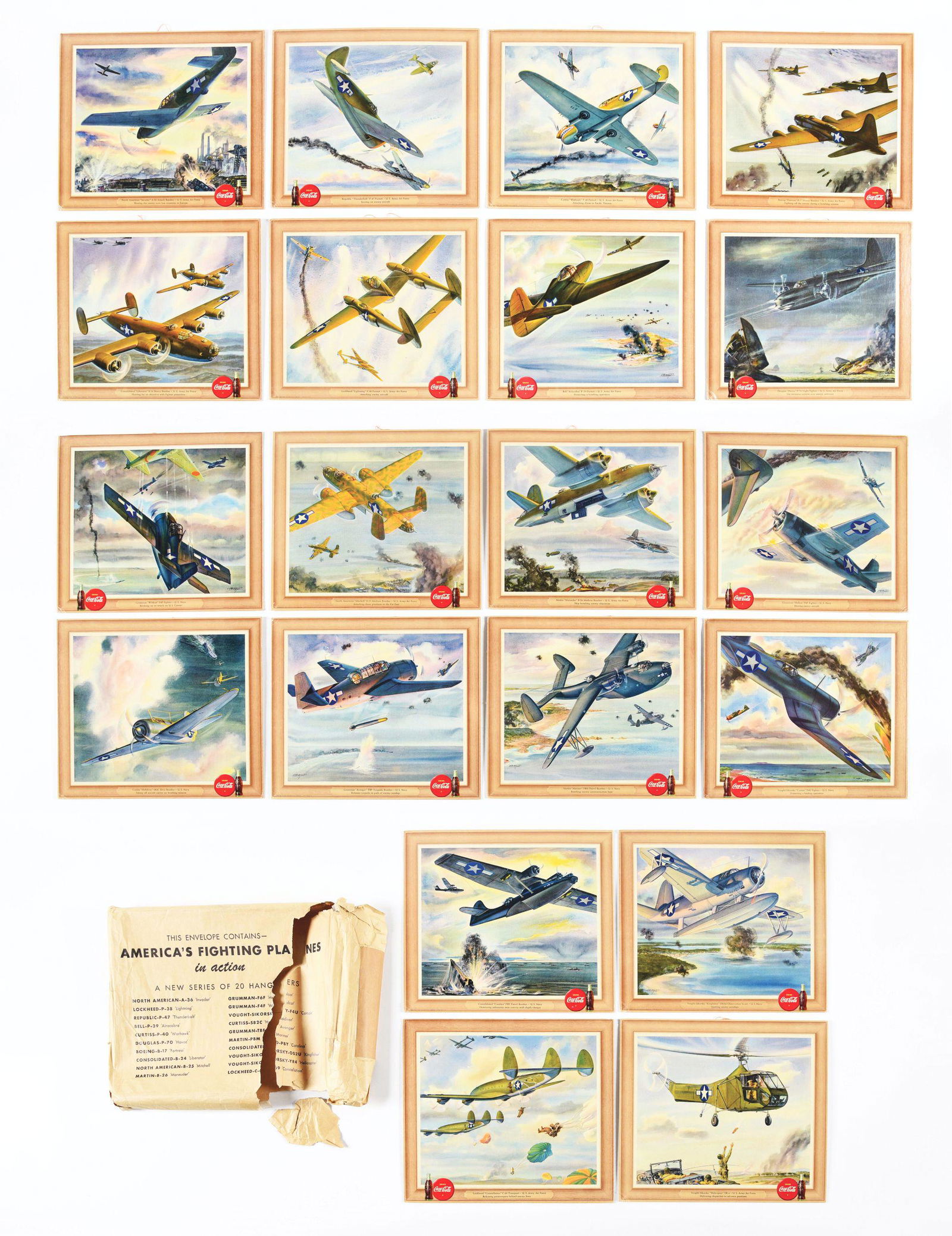 NEW OLD STOCK COMPLETE SET OF 20 "AMERICA'S FIGHTING PLANE" COCA-COLA ADVERTISING CARDBOARD HANGERS. (1 of 20)