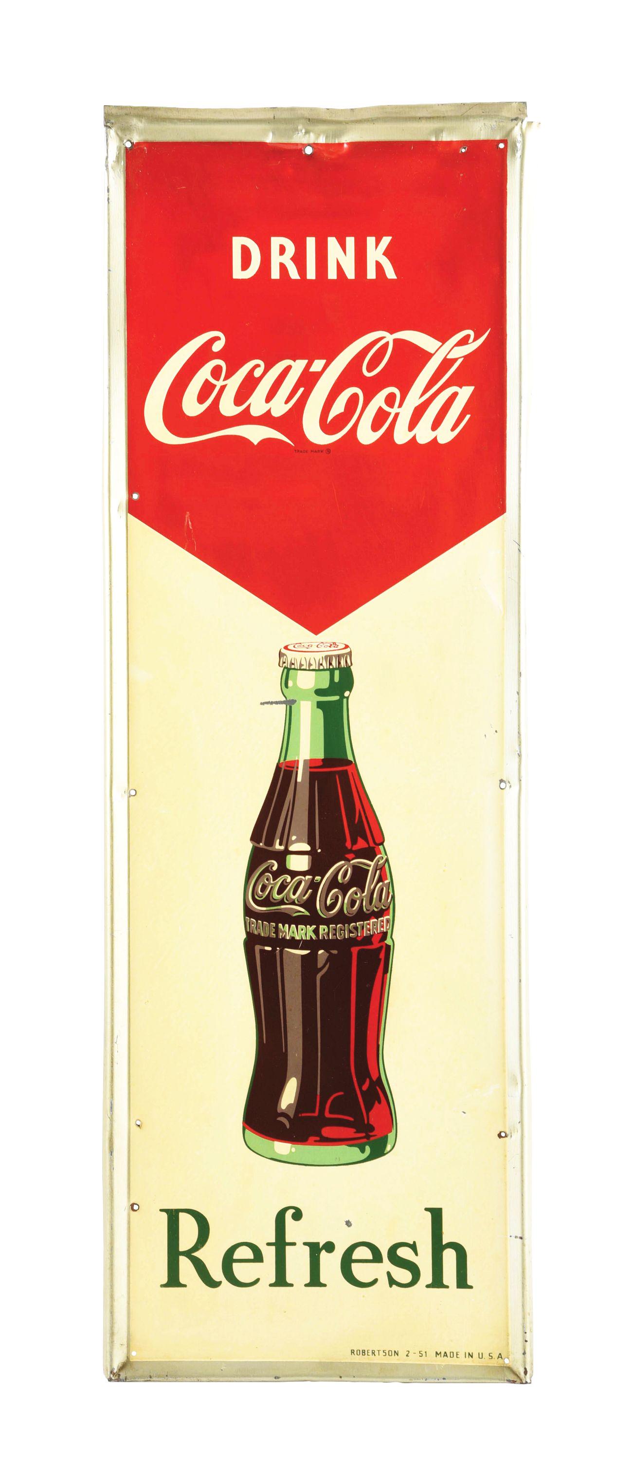DRINK COCA-COLA TIN SIGN W/ FRAMED EDGE & BOTTLE GRAPHIC. (1 of 3)