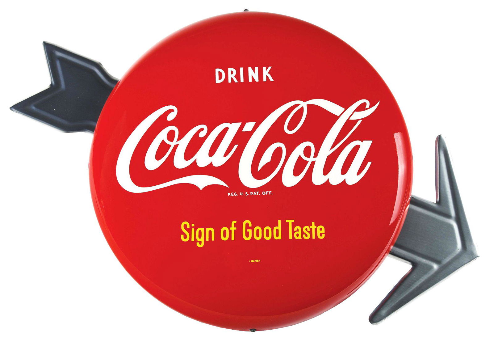 DRINK COCA-COLA "SIGN OF GOOD TASTE" ARROW BUTTON SIGN. (1 of 2)