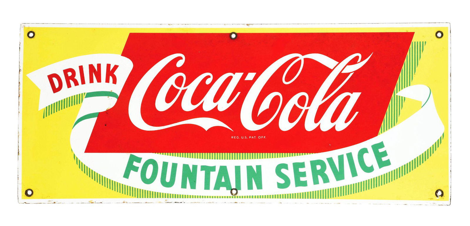 SINGLE-SIDED PORCELAIN "DRINK COCA-COLA FOUNTAIN SERVICE" SIGN. (1 of 2)