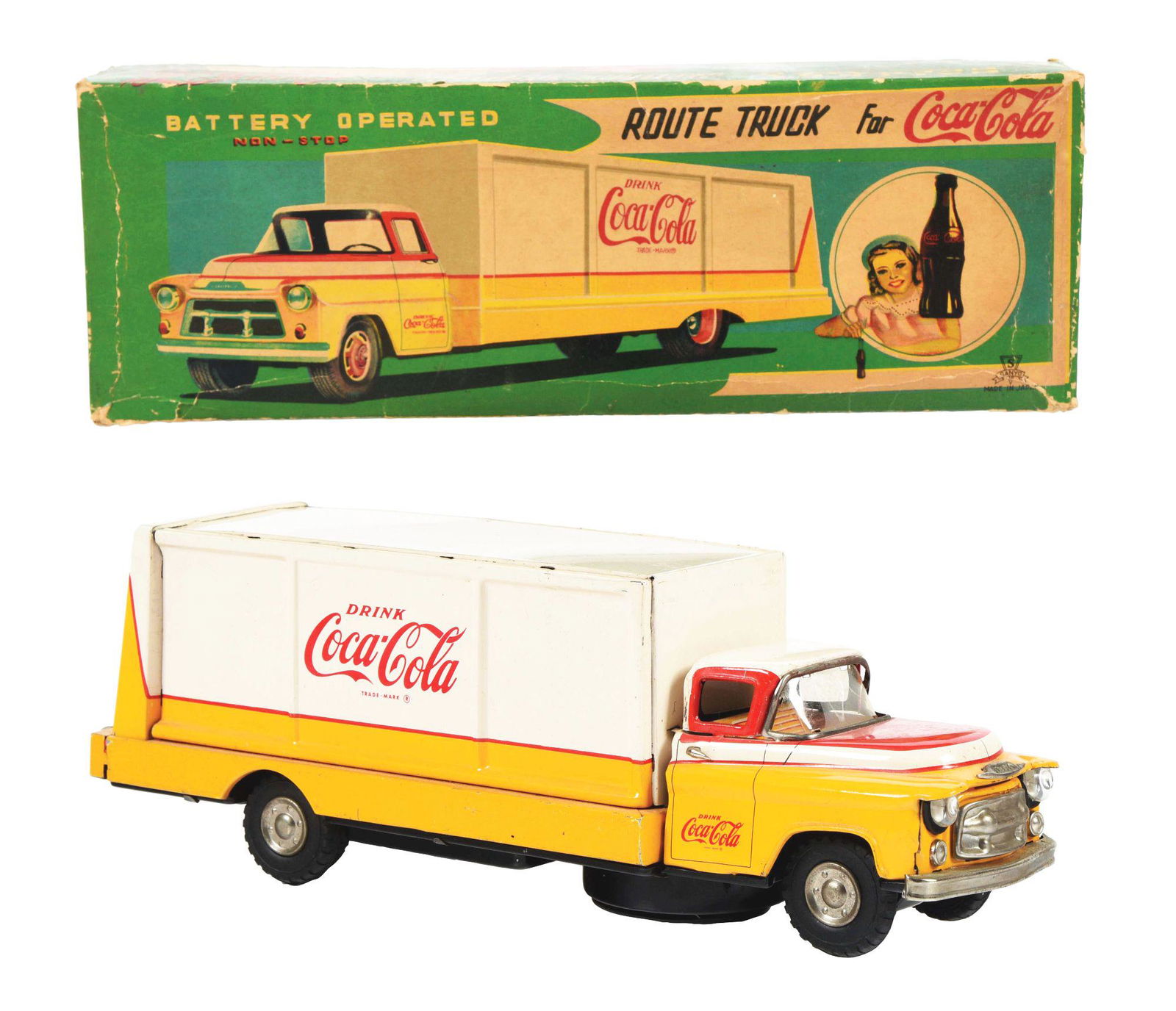 1950S COCA COLA 12” YELLOW & WHITE ROUTE TRUCK W/ BOX. (1 of 3)