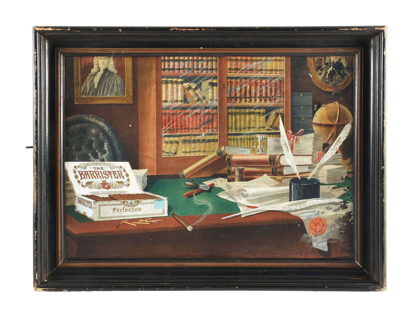 THE BARRISTERS CIGAR'S TIN ADVERTISING SIGN W/ ORIGINAL WOOD FRAMING. (1 of 3)